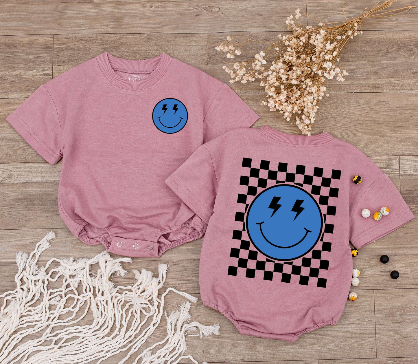 Retro Blue Smiley Face Romper with Lightning Eyes and Checkered Back Outfit Baby Toddler Clothes Perfect Baby Shower Gift Newborn Essentials