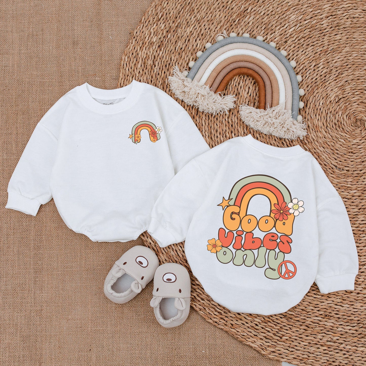 Good Vibes Only Groovy Rainbow Baby Girl Romper Retro 70s Birthday Outfit Bubble Bodysuit with Flower Star Peace Sign Design Clothes