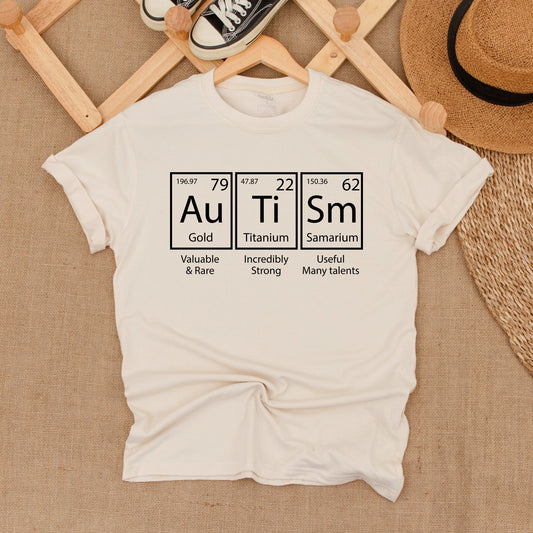Autism Acceptance & Awareness Advocate Unisex T-shirt Periodic Table Design, a comfortable cotton tee for teachers, moms, and neurodiversity supporters.