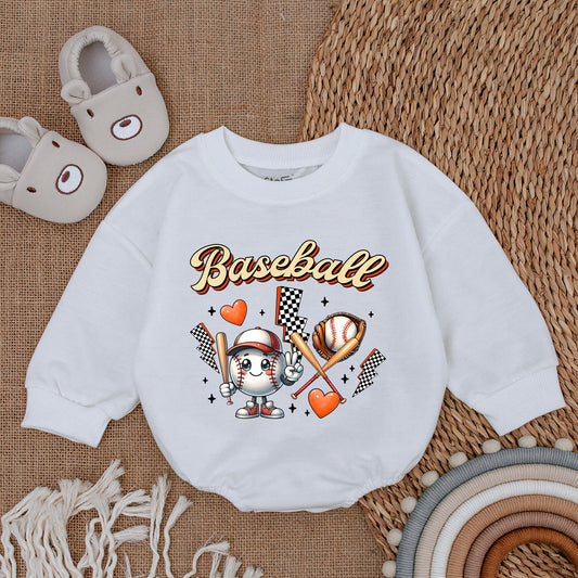 Game Day Baby Baseball Bubble Romper Fun Retro Outfit Newborn Boy Girl Soft Comfortable Orange Brown White Black Cartoon Design with Glove Bats Hearts Lightning