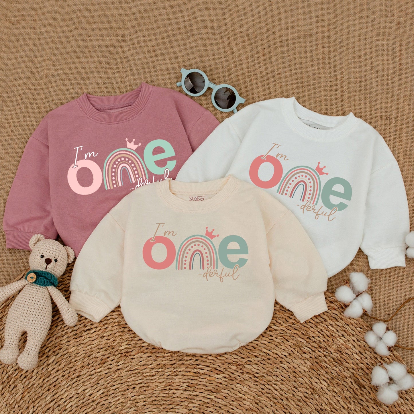 Onederful First Birthday Girl Romper Rainbow Crown Bodysuit Pink Teal One Year Old Smash Cake Outfit Adorable Baby Shower Gift