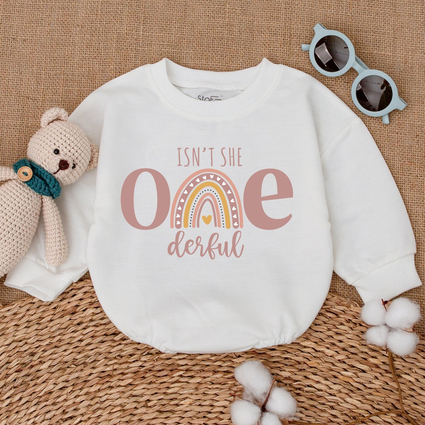 Isn't She ONEderful First Birthday Romper Boho Rainbow Baby Girl Bodysuit Pastel Pink Whimsical Celebration Outfit One Year Old Gift