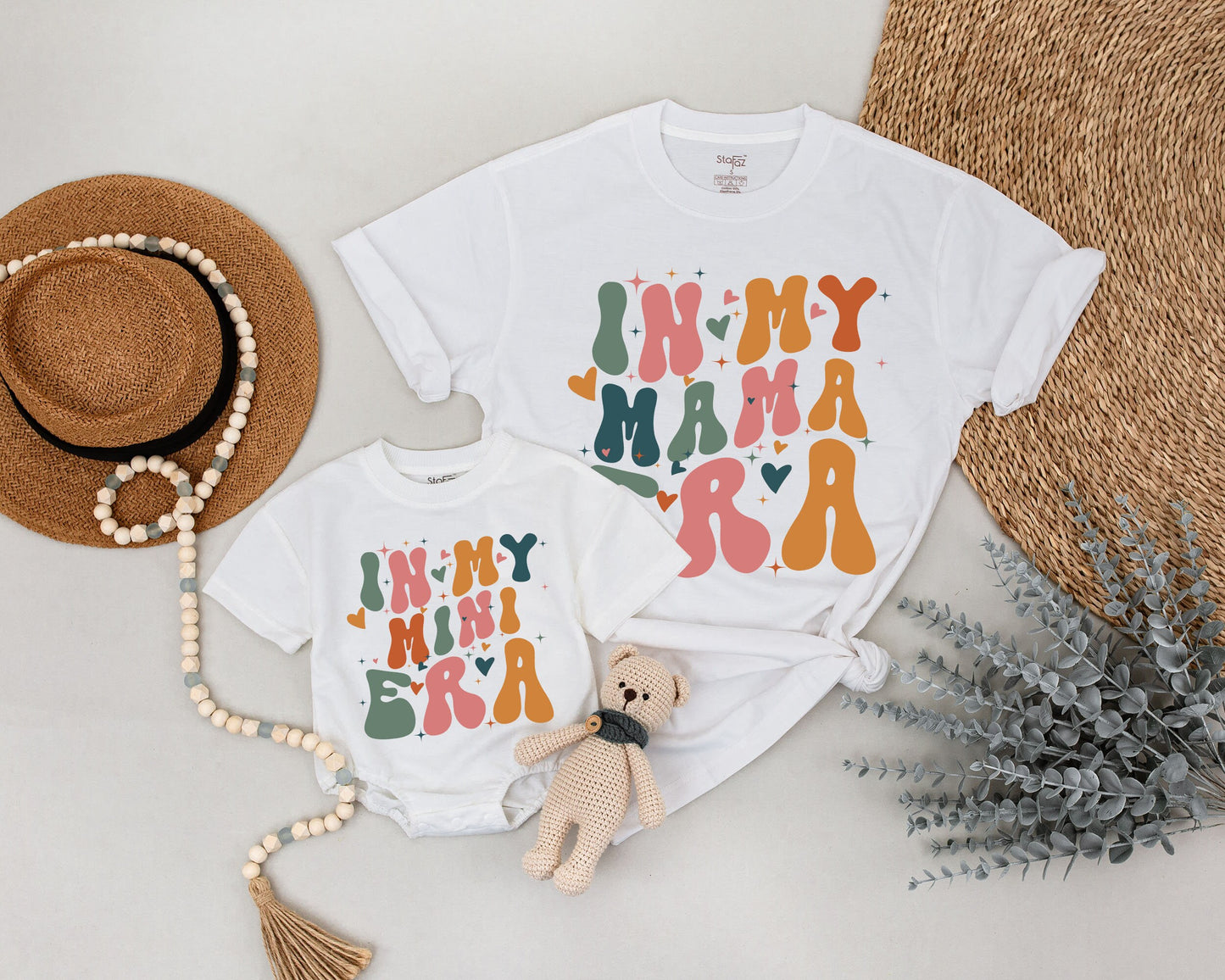 Personalized In My Mama Mini Era Matching Mommy and Me Shirts Groovy Bubble Font Retro Muted Green Orange Pink Hearts Starbursts Playful Vintage Mother's Day Gift