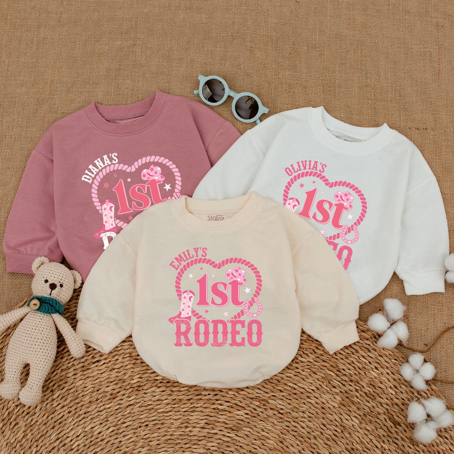 Personalized Pink 1st Rodeo Birthday Baby Girl Romper Western Cowgirl Outfit Soft Cotton Star Hat Boot Vintage Country Party