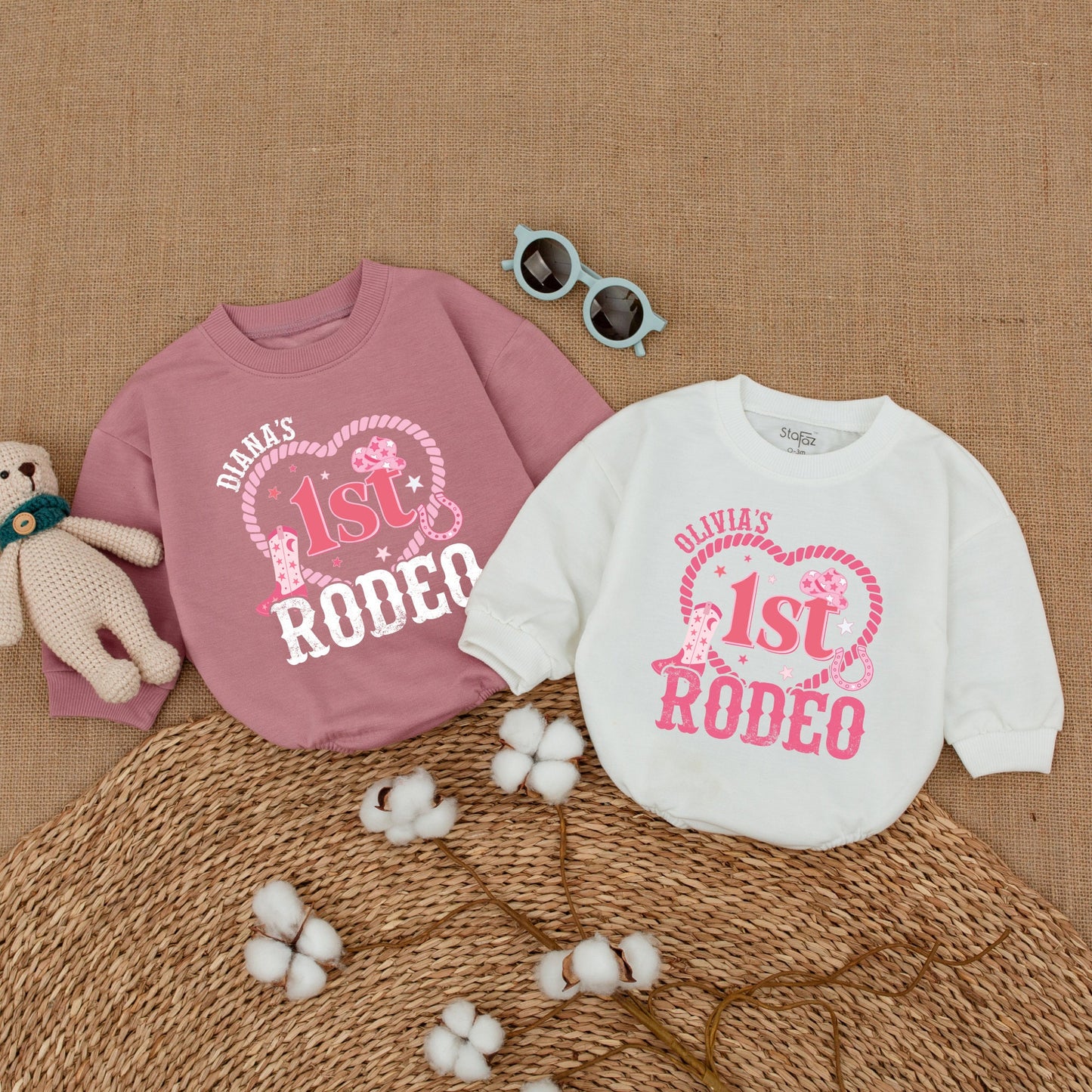 Personalized Pink 1st Rodeo Birthday Baby Girl Romper Western Cowgirl Outfit Soft Cotton Star Hat Boot Vintage Country Party