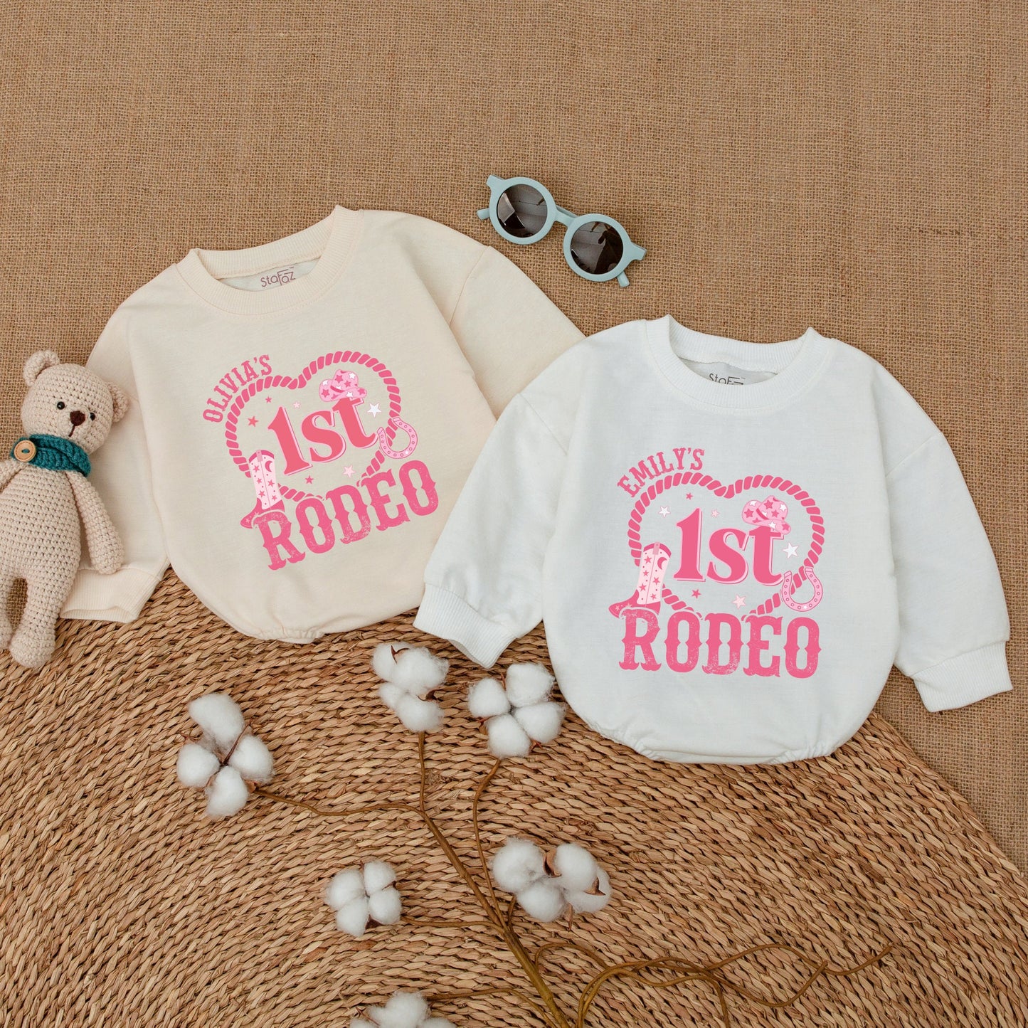 Personalized Pink 1st Rodeo Birthday Baby Girl Romper Western Cowgirl Outfit Soft Cotton Star Hat Boot Vintage Country Party