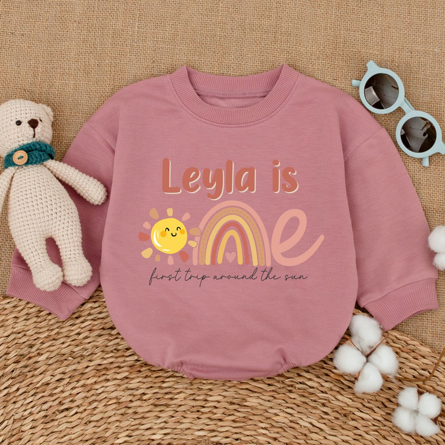 Personalized First Trip Around the Sun Romper for Baby Girl's 1st Birthday with Boho Sun Rainbow Pastel Design Sweet Sunshine Smash Cake Outfit Gift