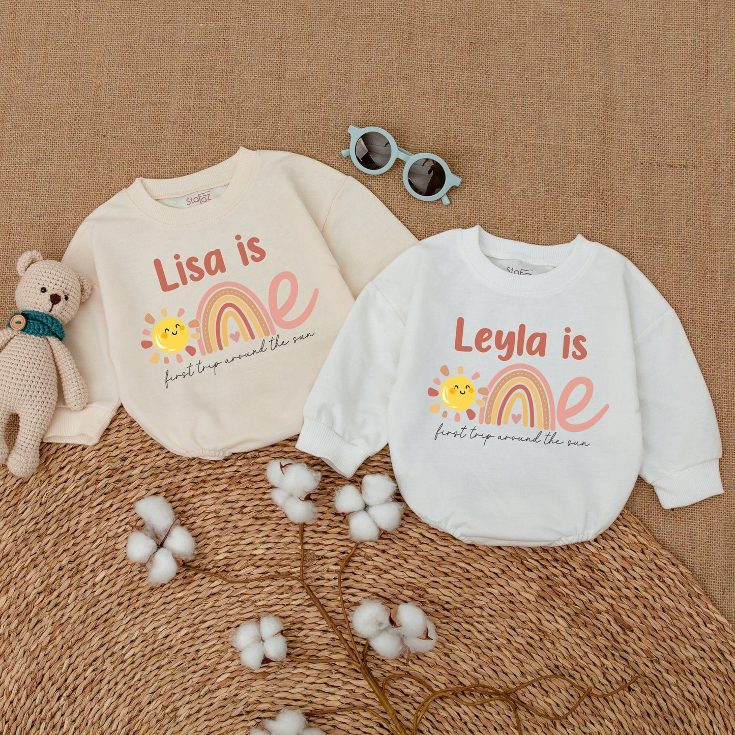 Personalized First Trip Around the Sun Romper for Baby Girl's 1st Birthday with Boho Sun Rainbow Pastel Design Sweet Sunshine Smash Cake Outfit Gift