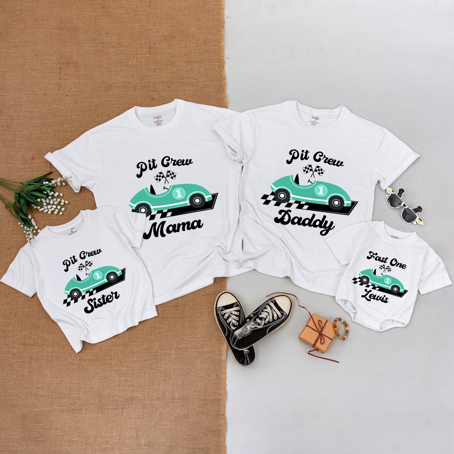 Personalized Vintage Race Car Birthday Shirt Family Matching Pit Crew Outfits Teal Design First Birthday Party Cotton Bodysuit Apparel