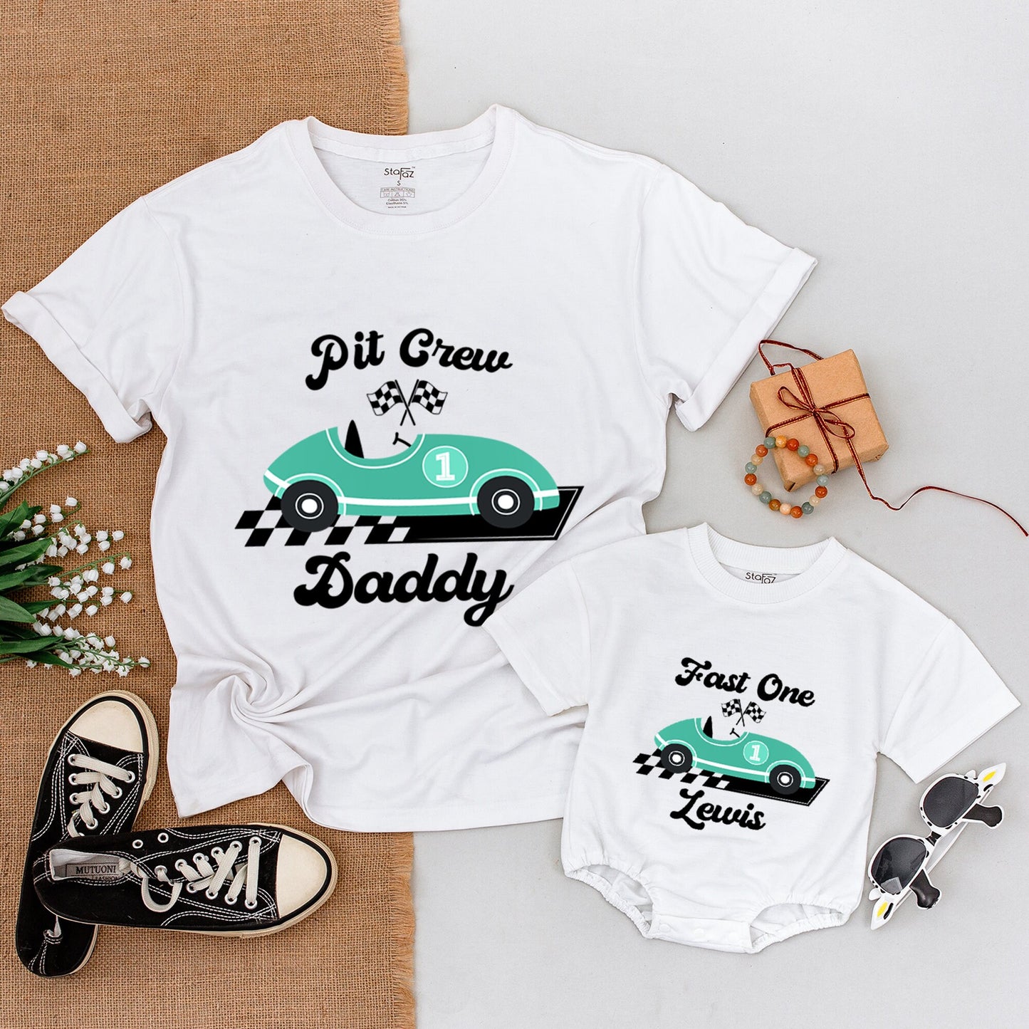 Personalized Vintage Race Car Birthday Shirt Family Matching Pit Crew Outfits Teal Design First Birthday Party Cotton Bodysuit Apparel