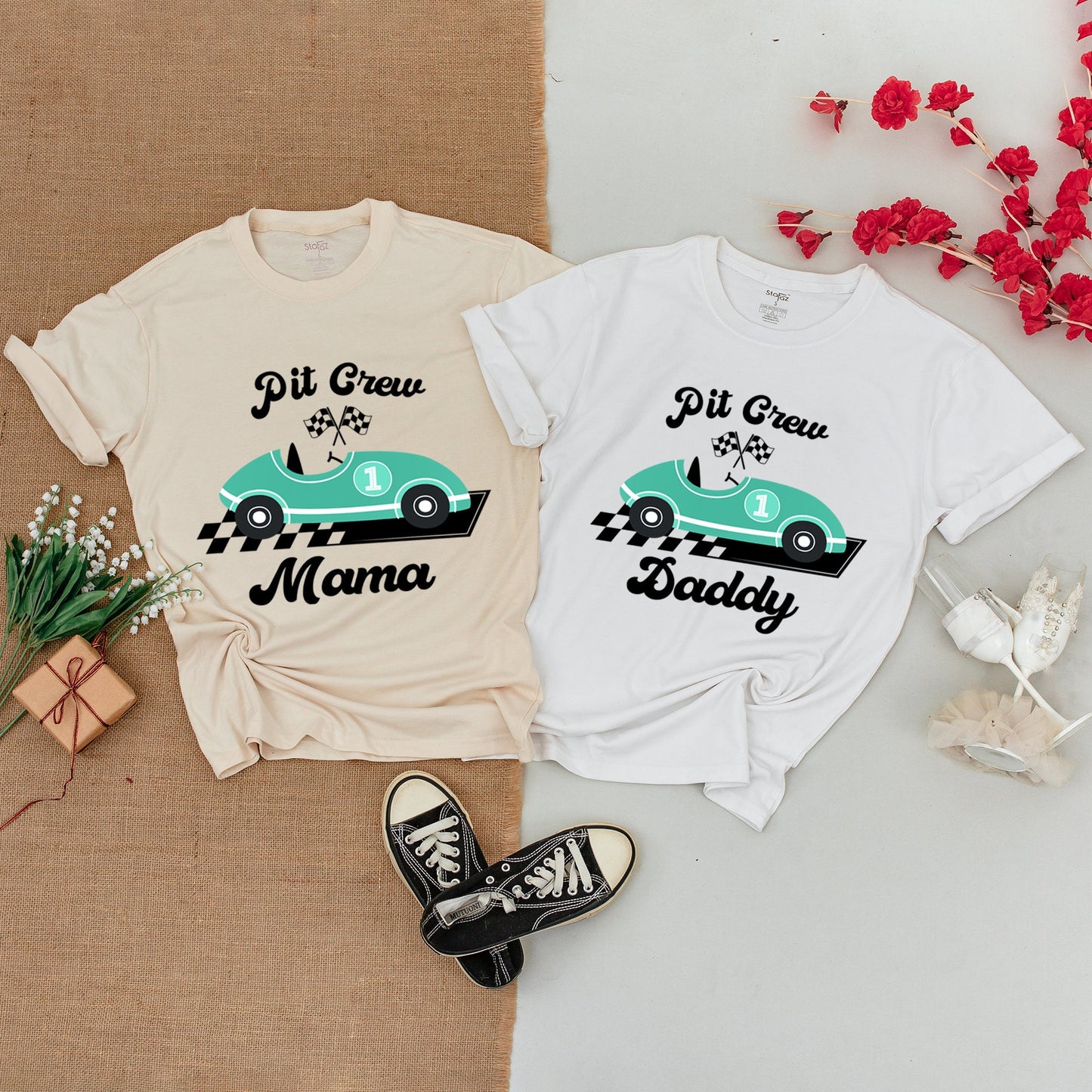 Personalized Vintage Race Car Birthday Shirt Family Matching Pit Crew Outfits Teal Design First Birthday Party Cotton Bodysuit Apparel