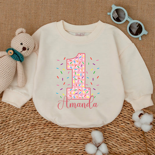 Personalized Pink Gingham Donut First Birthday Romper Sweet One Girl with Sprinkles & Amanda's Name, adorable Baby Bodysuit Smash Cake Outfit