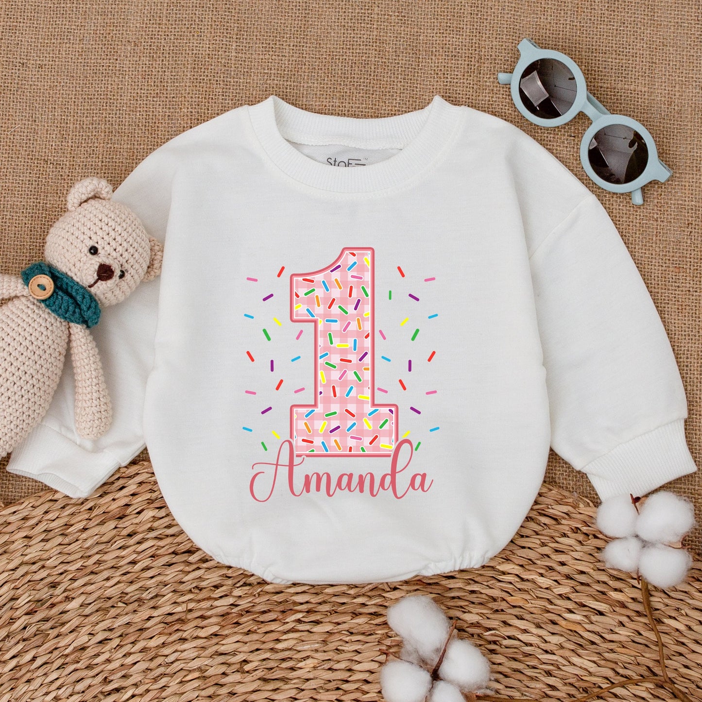 Personalized Pink Gingham Donut First Birthday Romper Sweet One Girl with Sprinkles & Amanda's Name, adorable Baby Bodysuit Smash Cake Outfit