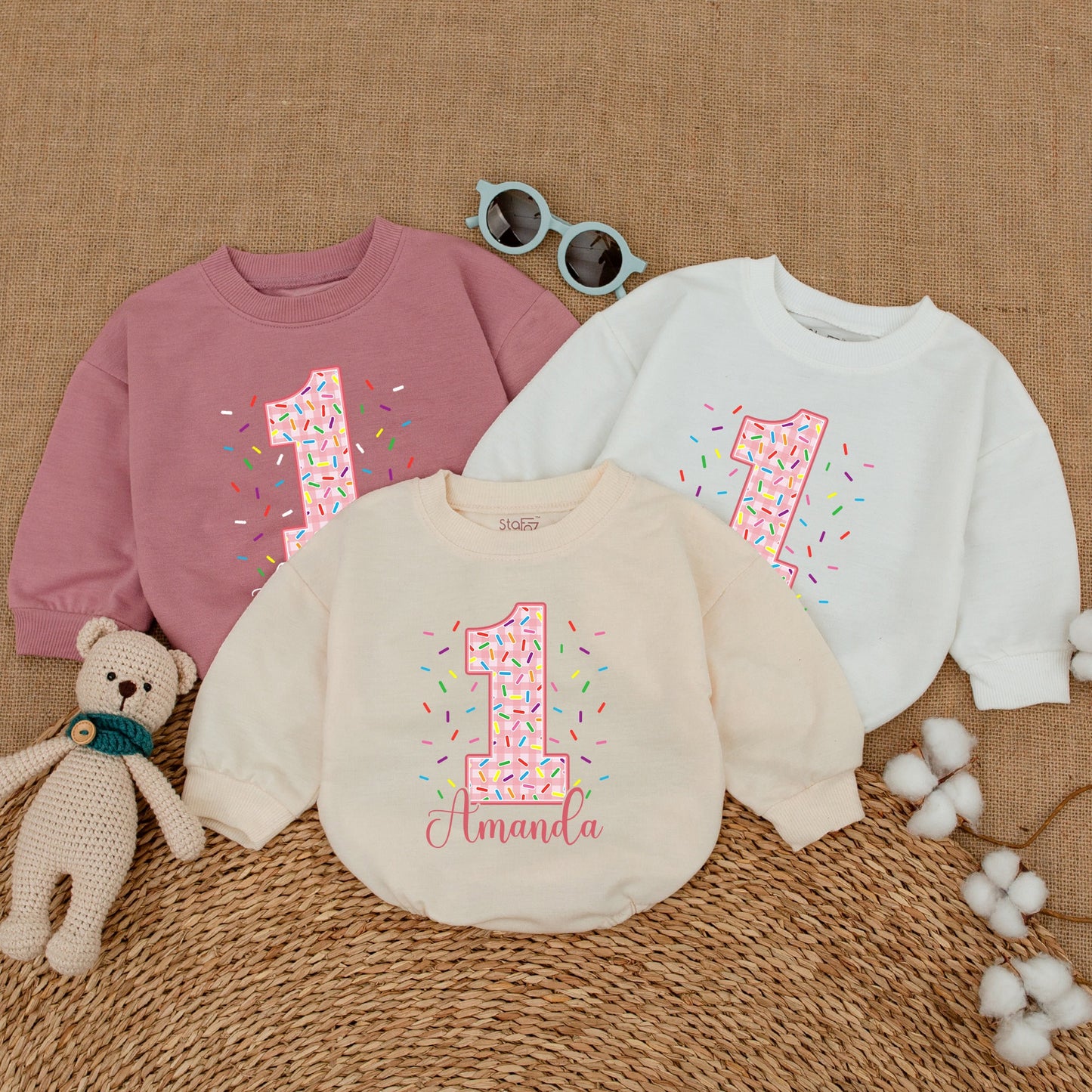 Personalized Pink Gingham Donut First Birthday Romper Sweet One Girl with Sprinkles & Amanda's Name, adorable Baby Bodysuit Smash Cake Outfit