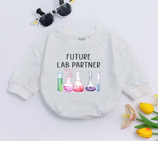 Future Lab Partner Science Baby Romper Bodysuit Cute Scientist Gift, adorable watercolor lab glassware design with pink purple green liquids, perfect future chemist new born outfit.