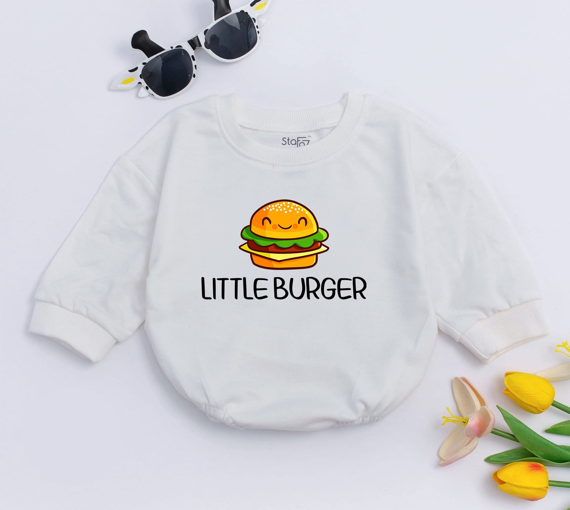 Adorable Little Burger Baby Romper with Smiling Cheeseburger Graphic Yellow Brown Green Layers Newborn Bodysuit Cute Hamburger Outfit Foodie Gift