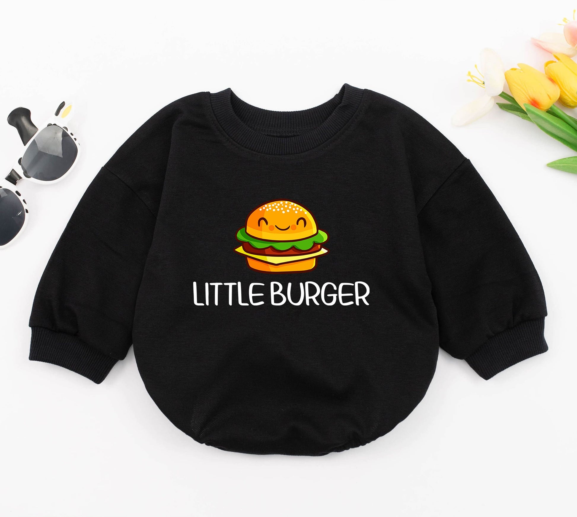 Adorable Little Burger Baby Romper with Smiling Cheeseburger Graphic Yellow Brown Green Layers Newborn Bodysuit Cute Hamburger Outfit Foodie Gift