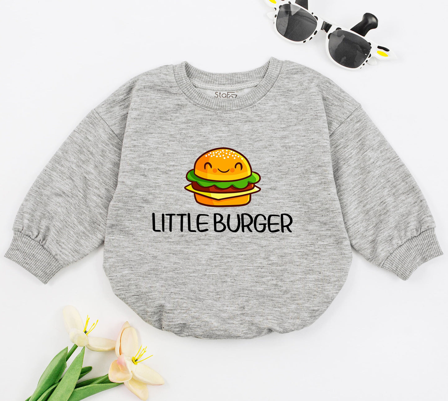Adorable Little Burger Baby Romper with Smiling Cheeseburger Graphic Yellow Brown Green Layers Newborn Bodysuit Cute Hamburger Outfit Foodie Gift