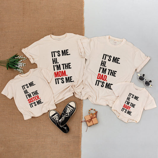 Baby 'It's Me Hi I'm The Baby' Romper Funny Family Matching Outfit Modern Red Black Stacked Text Design Comfortable Cotton Newborn Infant Gift