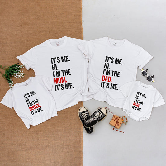 Baby 'It's Me Hi I'm The Baby' Romper Funny Family Matching Outfit Modern Red Black Stacked Text Design Comfortable Cotton Newborn Infant Gift