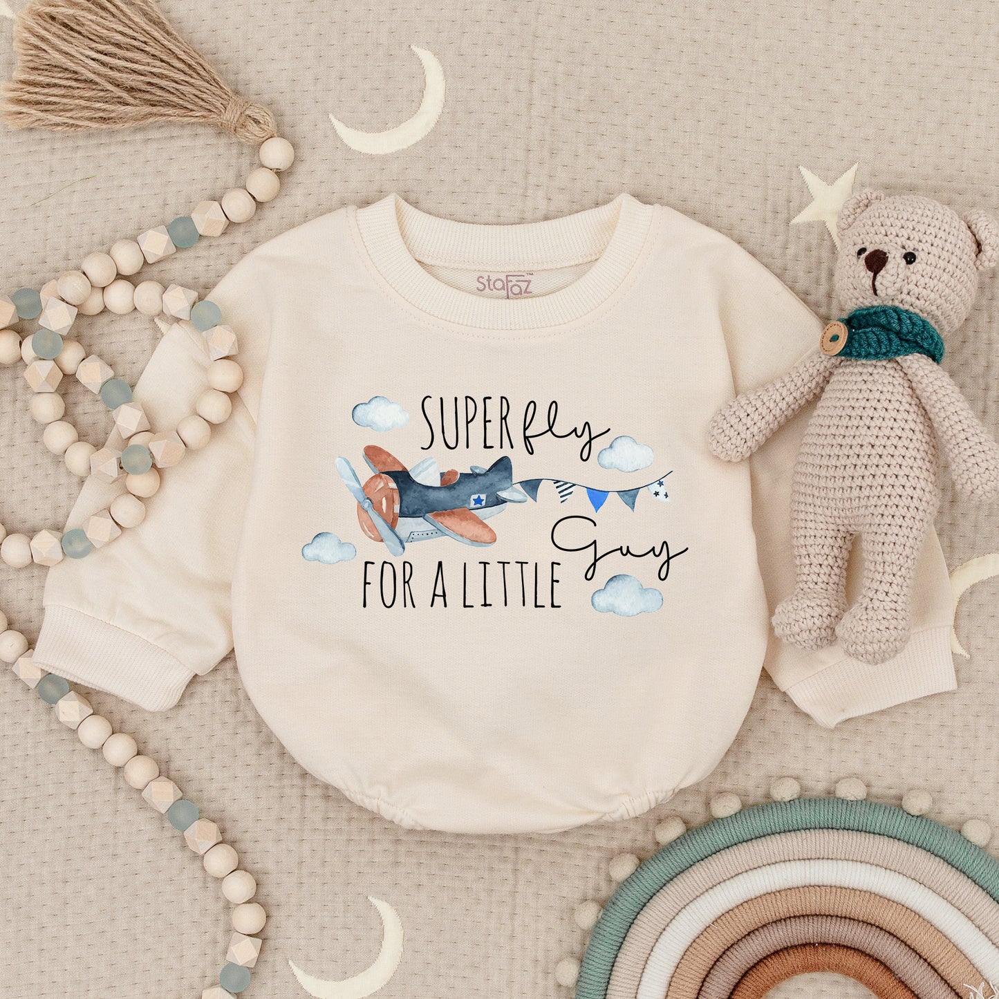 Super Fly For A Little Guy Whimsical Airplane Baby Romper Blue Orange Clouds Propeller Pilot Bodysuit First Birthday Newborn Gift