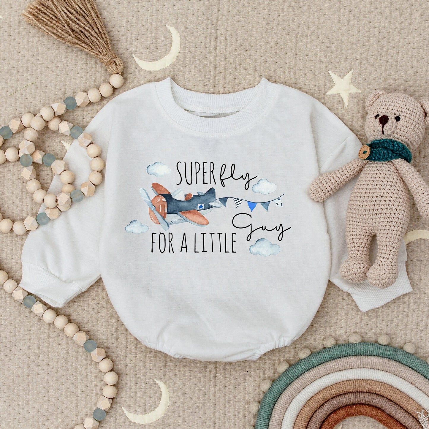 Super Fly For A Little Guy Whimsical Airplane Baby Romper Blue Orange Clouds Propeller Pilot Bodysuit First Birthday Newborn Gift