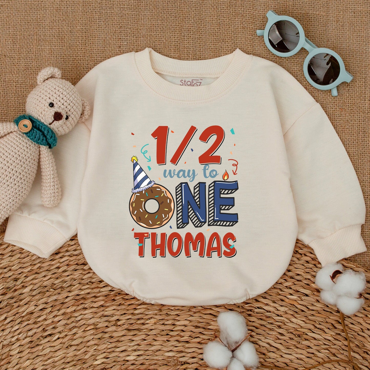 Personalized Baby Boy Half Birthday Romper 1/2 Way To One Donut Party Bodysuit Adorable Celebration Outfit Red Blue Confetti Design Gift