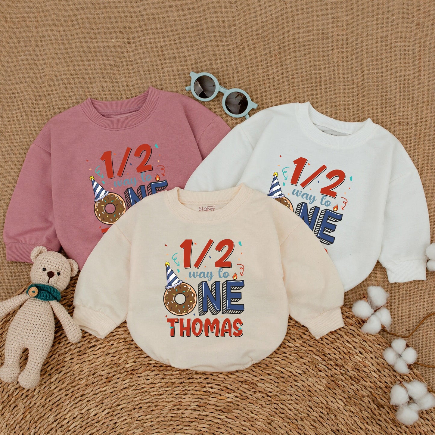 Personalized Baby Boy Half Birthday Romper 1/2 Way To One Donut Party Bodysuit Adorable Celebration Outfit Red Blue Confetti Design Gift