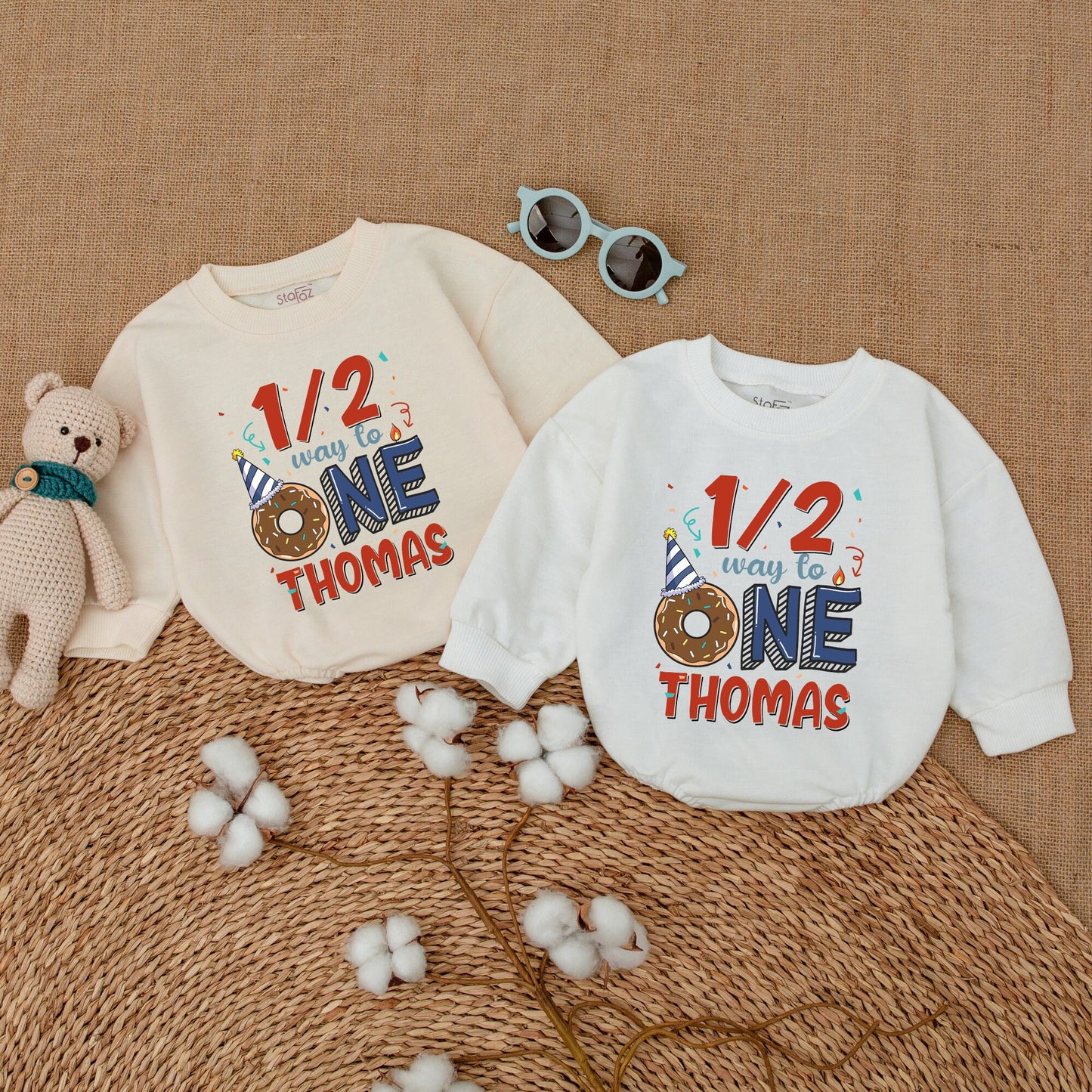 Personalized Baby Boy Half Birthday Romper 1/2 Way To One Donut Party Bodysuit Adorable Celebration Outfit Red Blue Confetti Design Gift