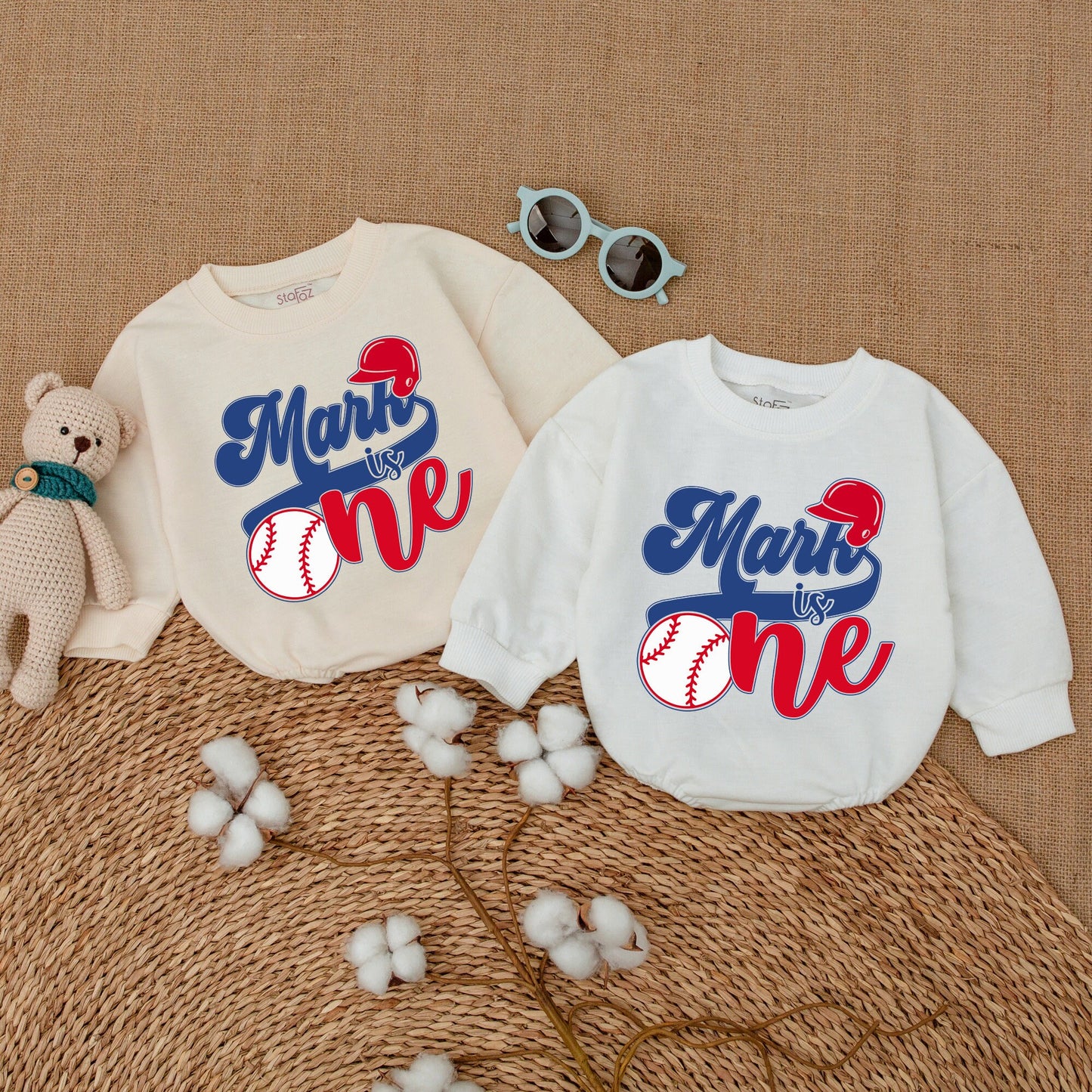 Personalized Baseball First Birthday Romper for Baby Boy, Patriotic Red Blue Sporty Theme 1st Celebration Bodysuit Baby Shower Gift