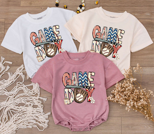 Baby Game Day Baseball Romper Infant Outfit Mixed Font Stripes Chevrons Sports Fan T-shirt Bodysuit Toddler Tee Gift