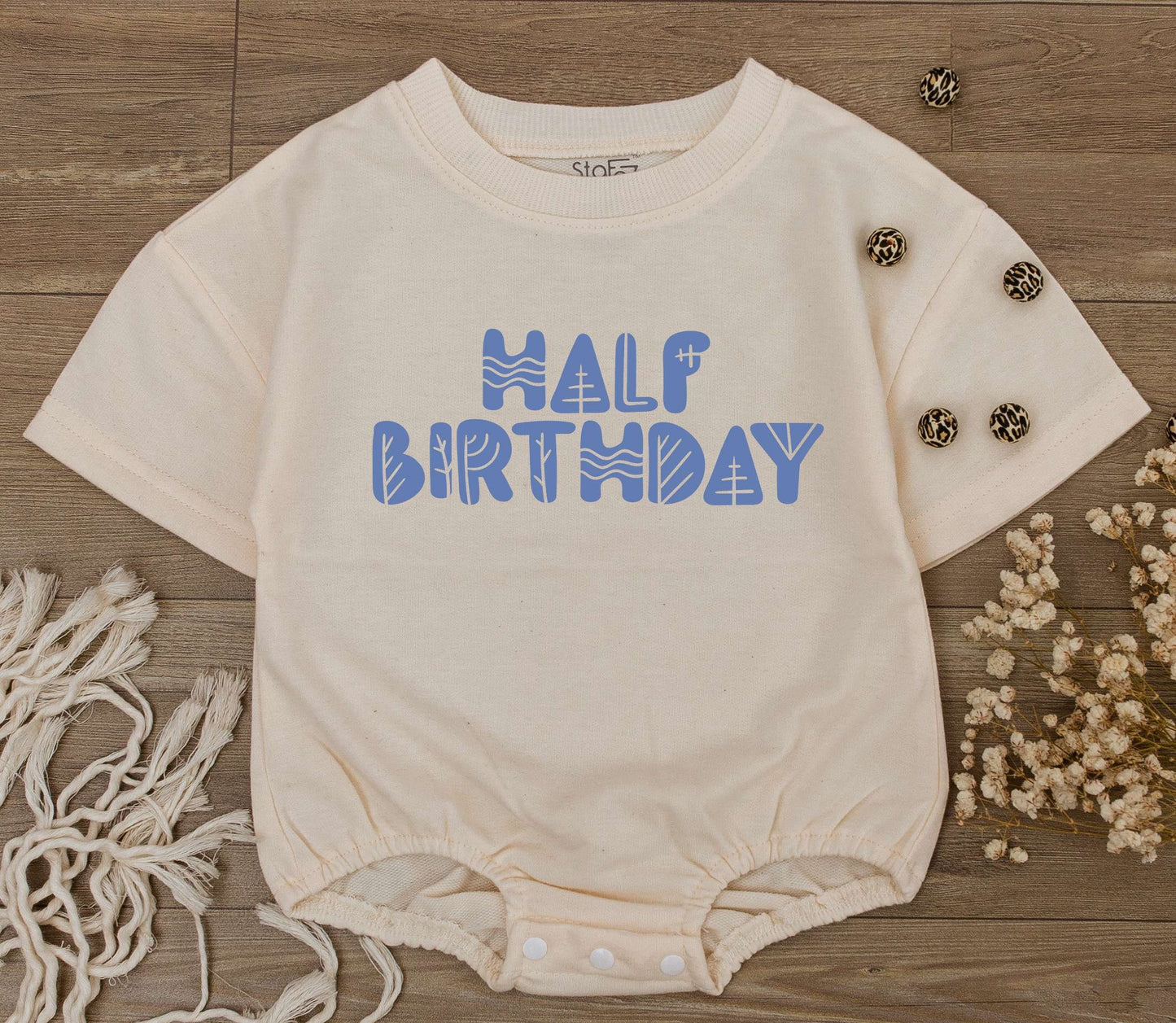Half Birthday Boy Romper Light Blue Stylized Text 6 Months Baby Outfit Half Way To One Celebration Modern Geometric Design Soft Cotton Newborn Gift