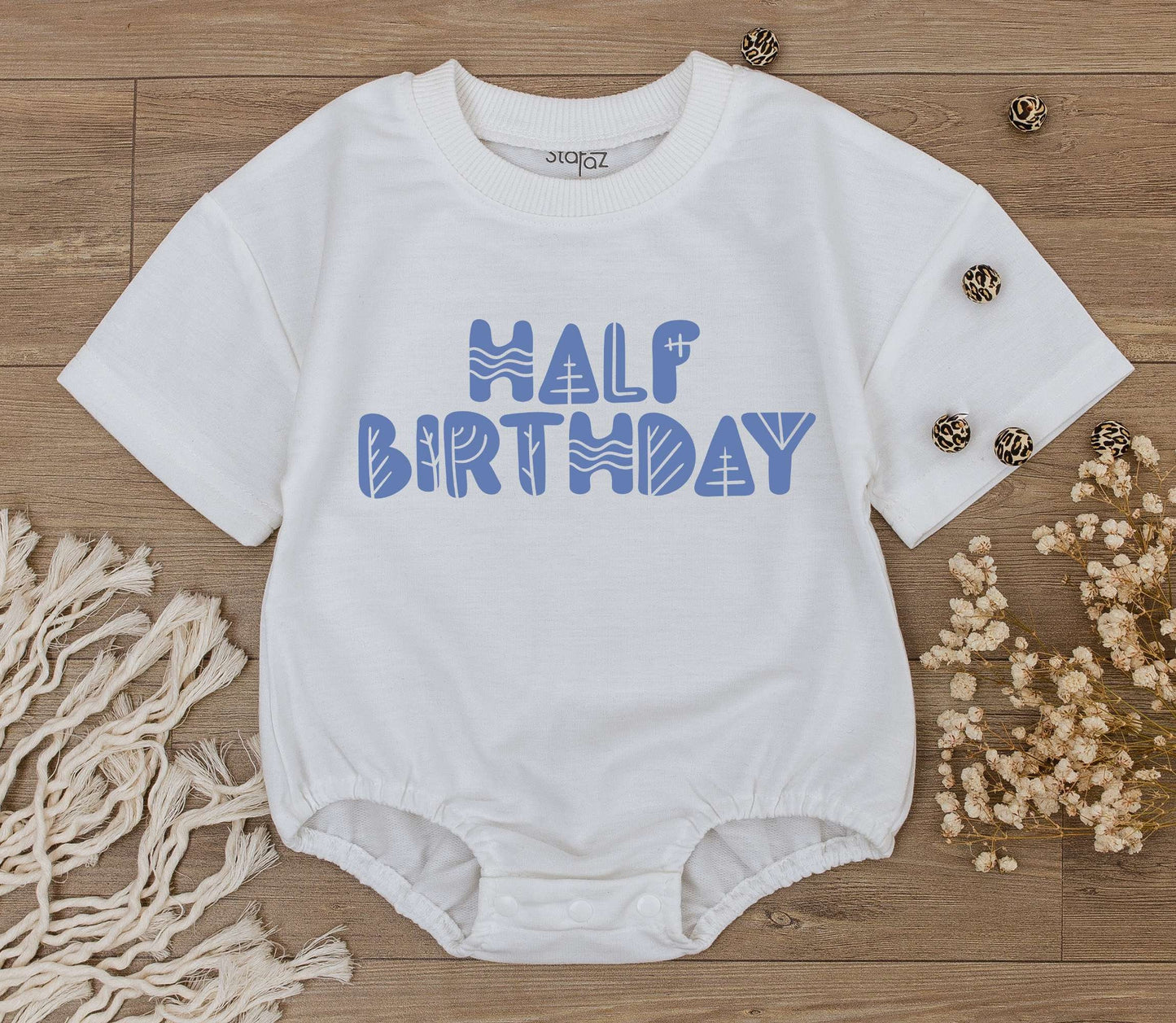 Half Birthday Boy Romper Light Blue Stylized Text 6 Months Baby Outfit Half Way To One Celebration Modern Geometric Design Soft Cotton Newborn Gift