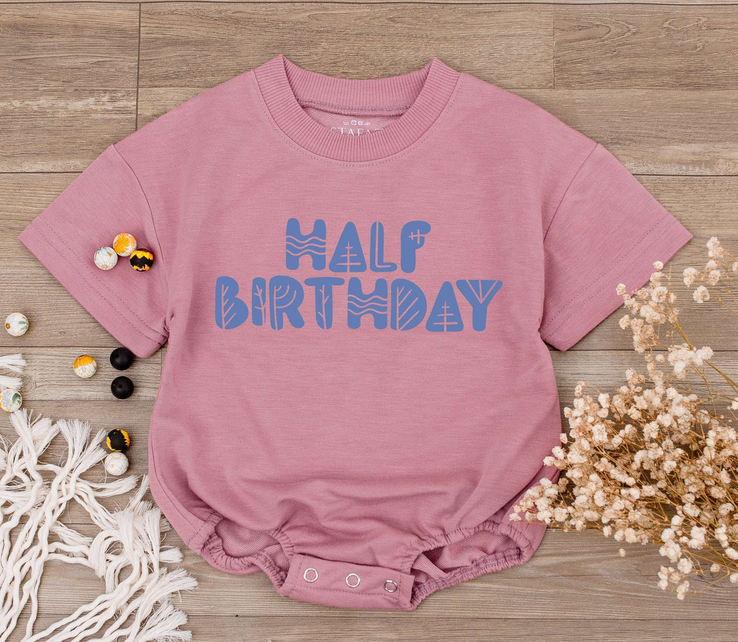 Half Birthday Boy Romper Light Blue Stylized Text 6 Months Baby Outfit Half Way To One Celebration Modern Geometric Design Soft Cotton Newborn Gift