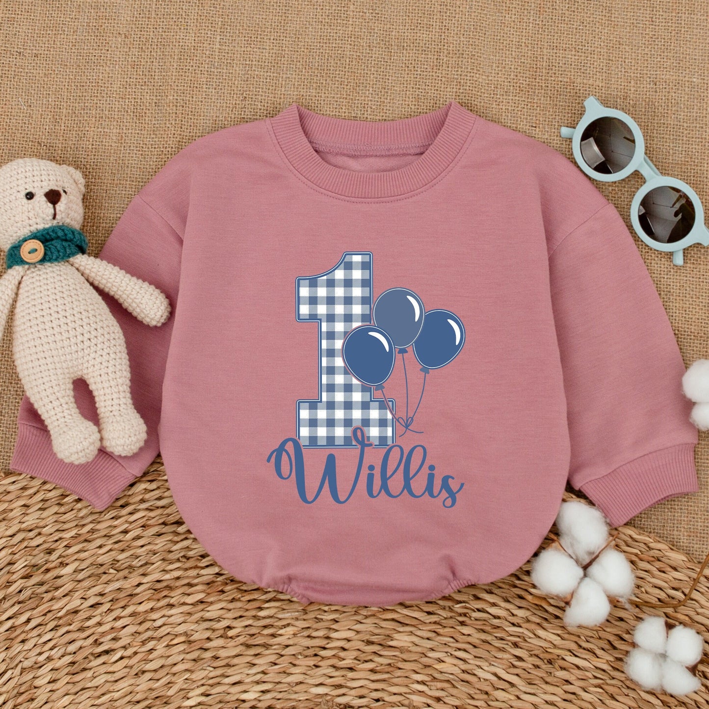 Personalized Blue Gingham Balloon Birthday Romper Baby Boy First Birthday Smash Cake Outfit Bodysuit Bubble Romper Baby Shower Gift
