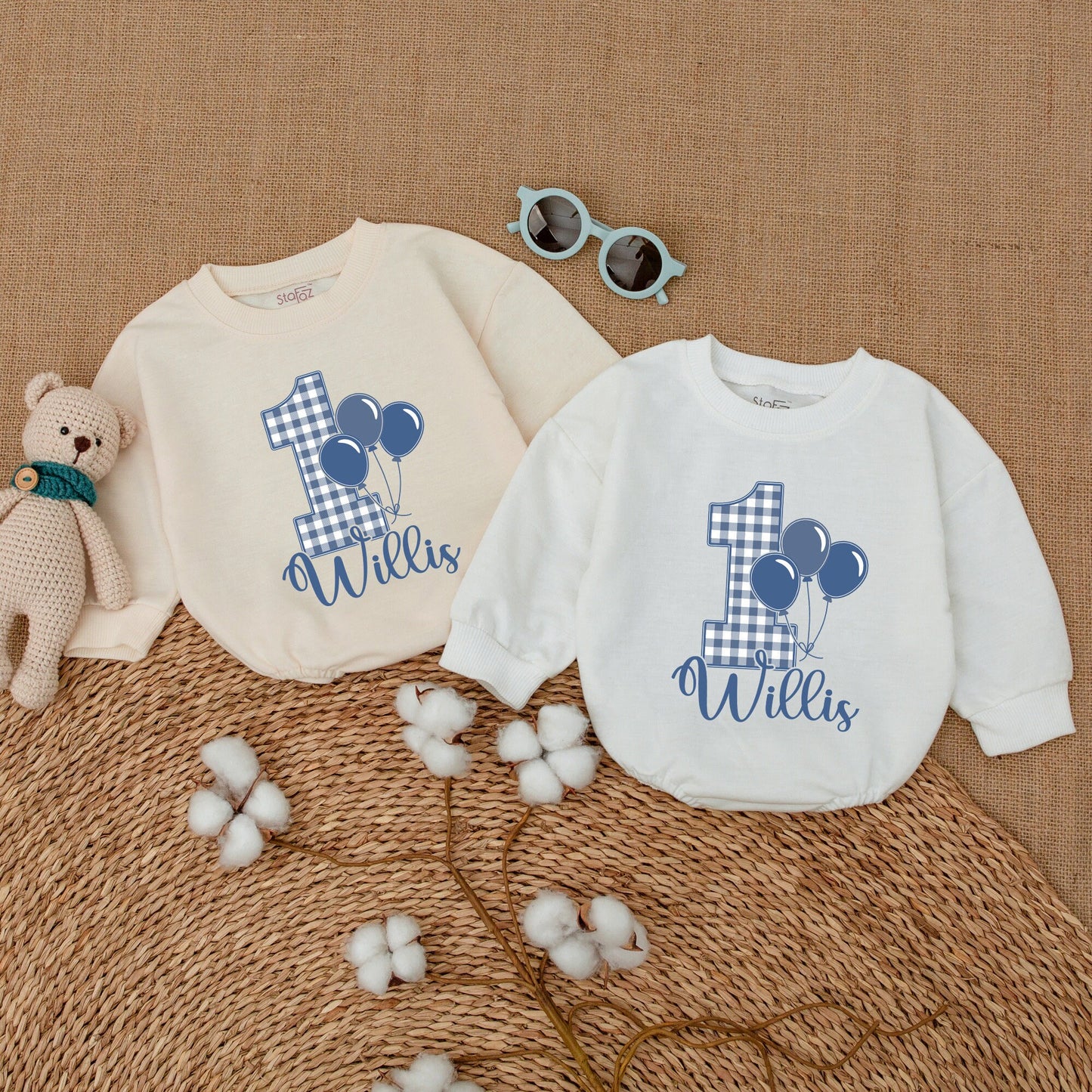 Personalized Blue Gingham Balloon Birthday Romper Baby Boy First Birthday Smash Cake Outfit Bodysuit Bubble Romper Baby Shower Gift