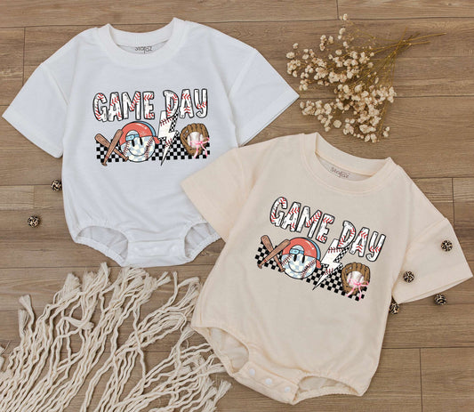 Baby Boy Game Day Baseball Romper Retro Jumpsuit One Piece Short Sleeve Soft Natural Cotton Summer Infant Bodysuit Perfect Gift