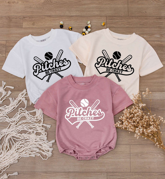 Pitches Be Crazy Baby Romper Short Sleeve Baseball Fan Outfit Funny Game Day Toddler Tee Infant Bodysuit Sport Season Gift Summer Wear