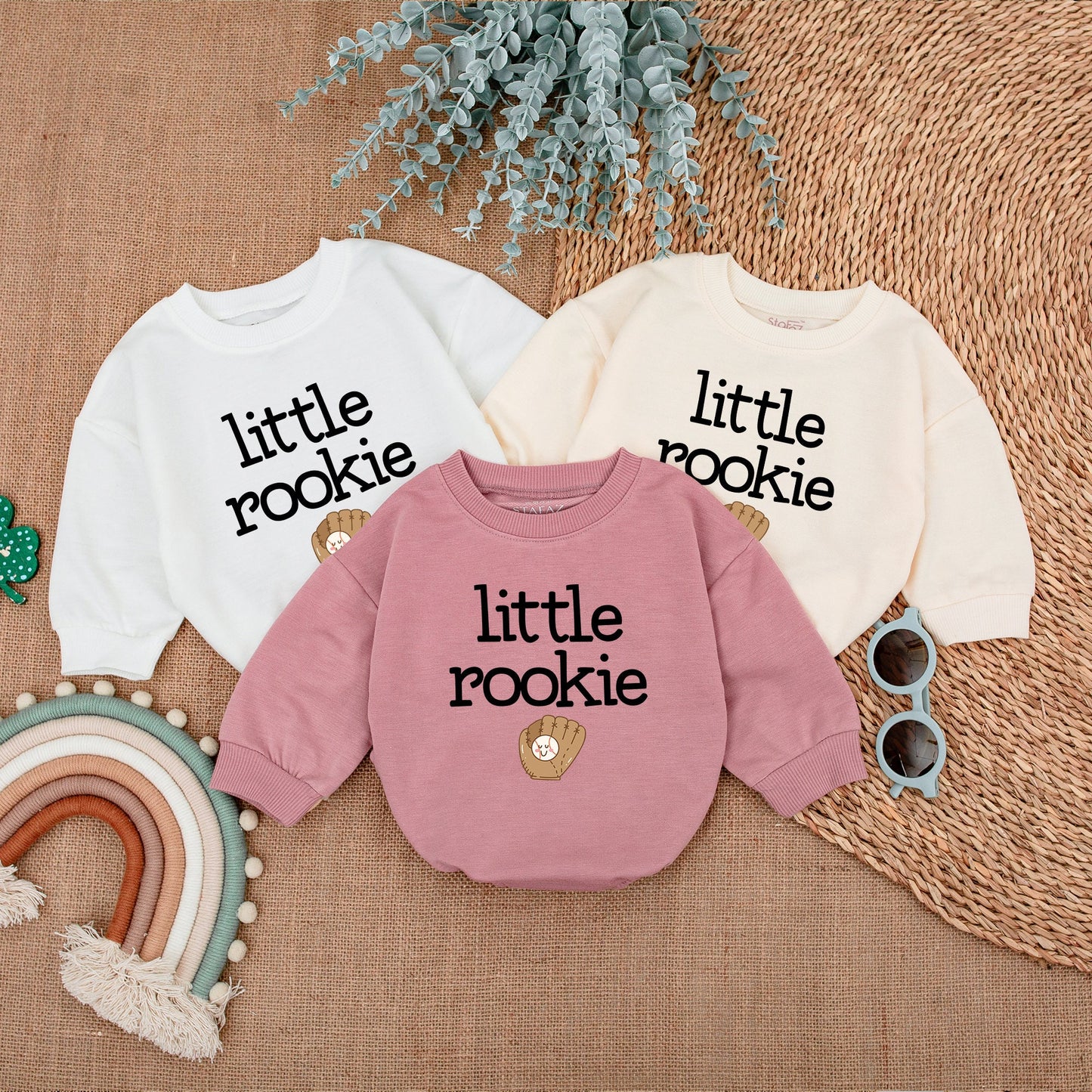 Cute Little Rookie Baseball Bubble Romper Baby Announcement Bodysuit Gift with Smiling Ball Glove Print for Game Day First Father's Day New Dad