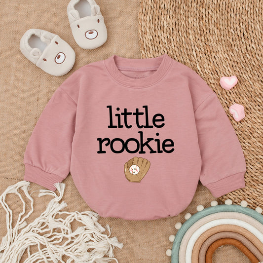 Cute Little Rookie Baseball Bubble Romper Baby Announcement Bodysuit Gift with Smiling Ball Glove Print for Game Day First Father's Day New Dad