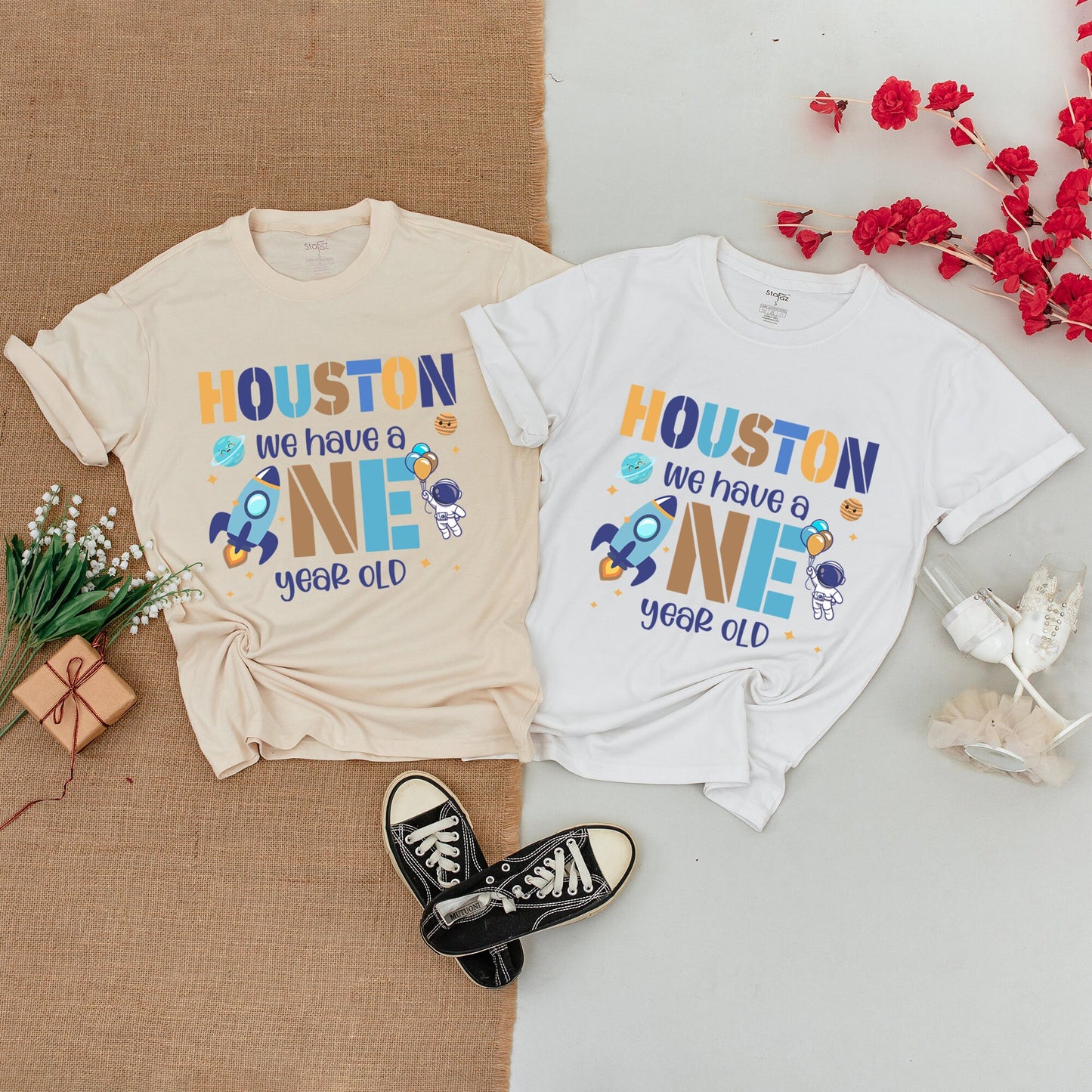 Houston We Have a One Year Old Outer Space 1st Birthday Shirt Matching Family Outfit Baby Romper Blue Gold Astronaut Planets Galaxy Theme
