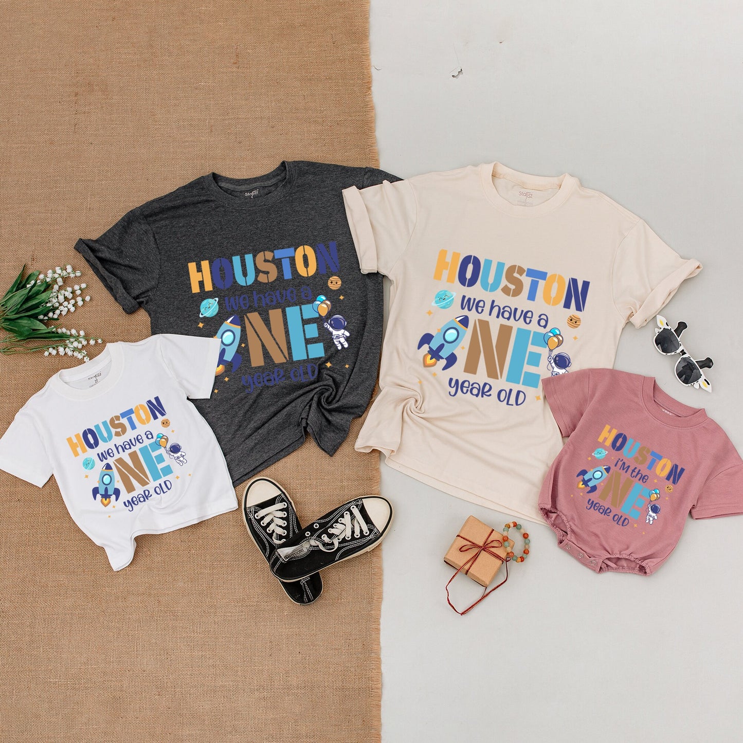 Houston We Have a One Year Old Outer Space 1st Birthday Shirt Matching Family Outfit Baby Romper Blue Gold Astronaut Planets Galaxy Theme