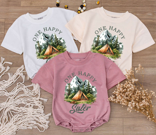 One Happy Sister Baby Romper with Mountain Camping Design Newborn Bodysuit First Birthday Gift Big Sister Rustic Summer Adventure Outfit