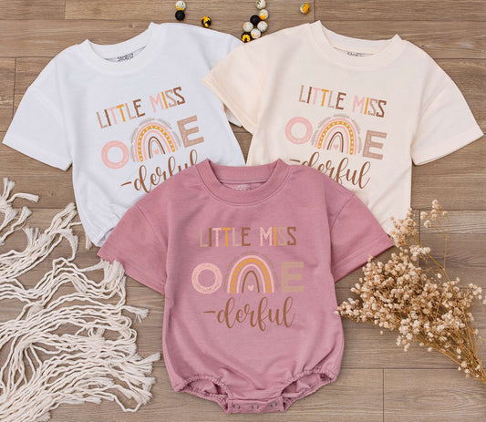 Little Miss ONE-derful Birthday Outfit Girl, Boho Rainbow Romper, First Birthday Cake Smash, Aunt Niece Gift, Muted Earth Tones, Playful Boho Style (140 chars)