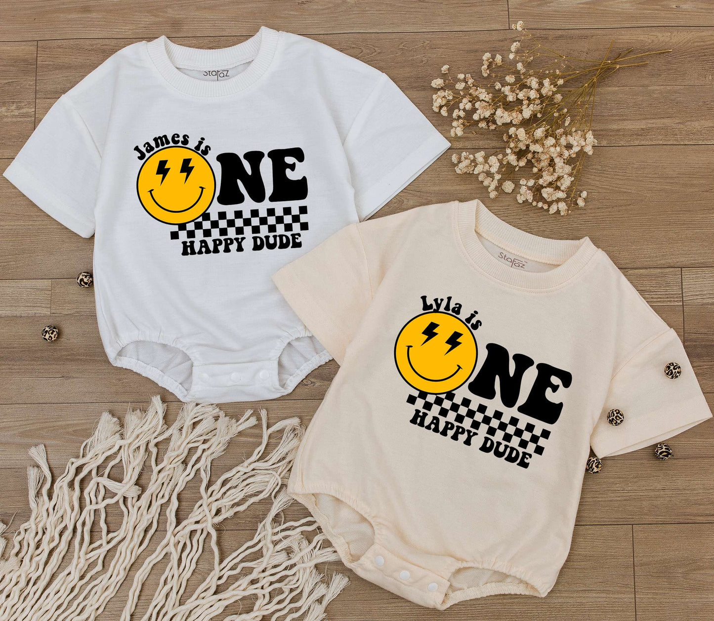 James/Lyla is ONE Happy Dude Birthday Bodysuit Yellow Smiley Face Lightning Eyes Checkerboard Retro Vintage Baby Clothes First Birthday Gift