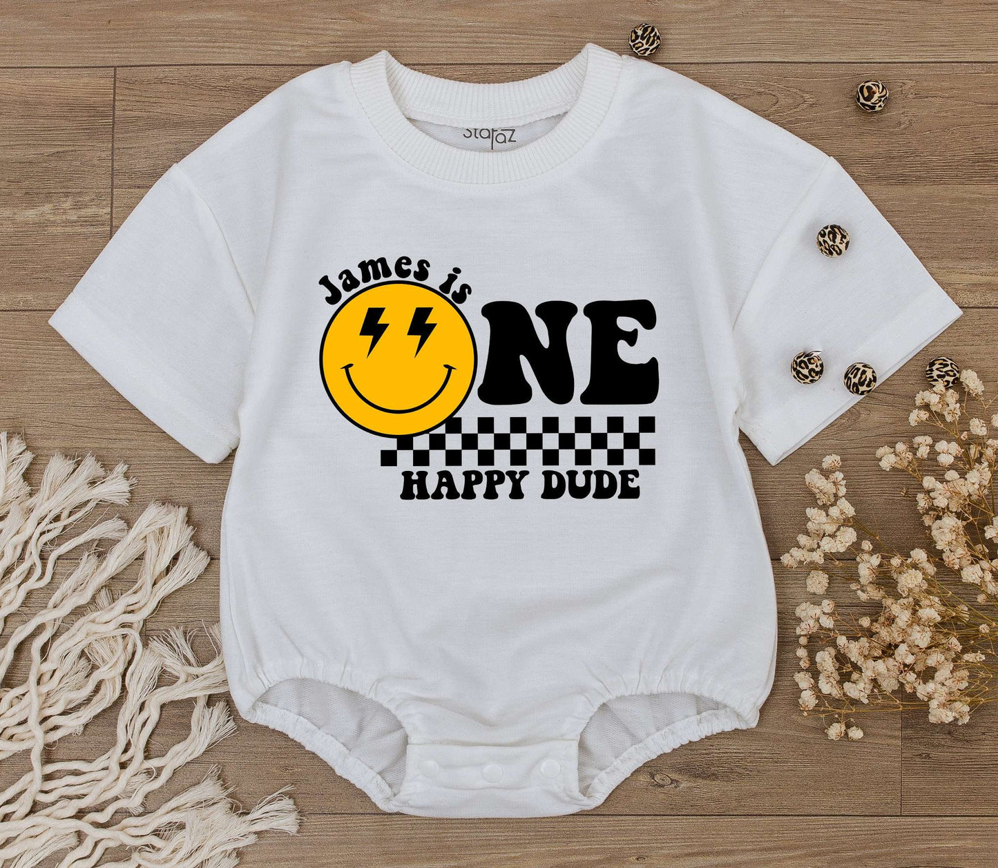 James/Lyla is ONE Happy Dude Birthday Bodysuit Yellow Smiley Face Lightning Eyes Checkerboard Retro Vintage Baby Clothes First Birthday Gift