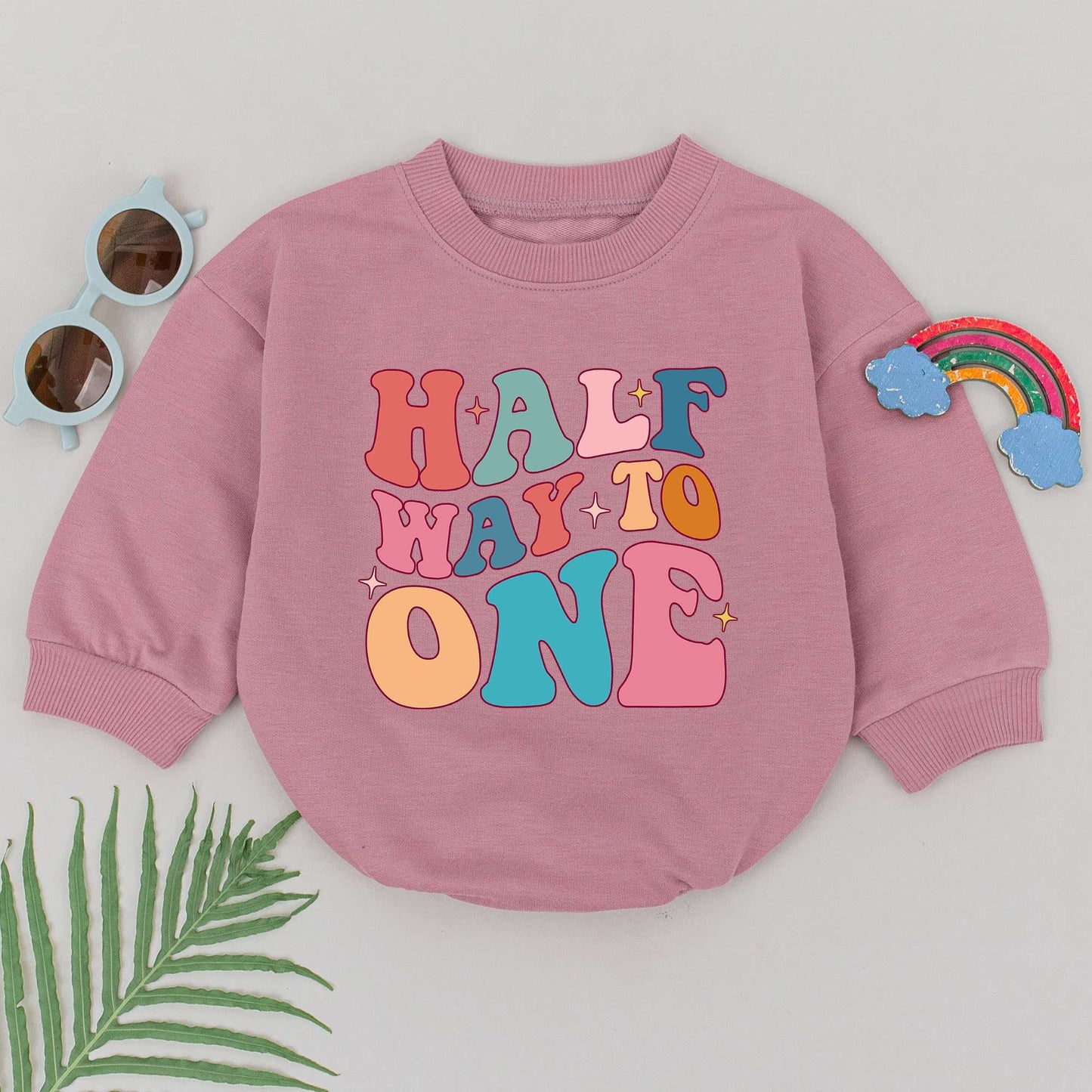 Half Way To One Romper Groovy Half Birthday Baby Girl Boy Outfit Retro Pastel Starburst Celebration Gift Soft Cotton Newborn Clothes