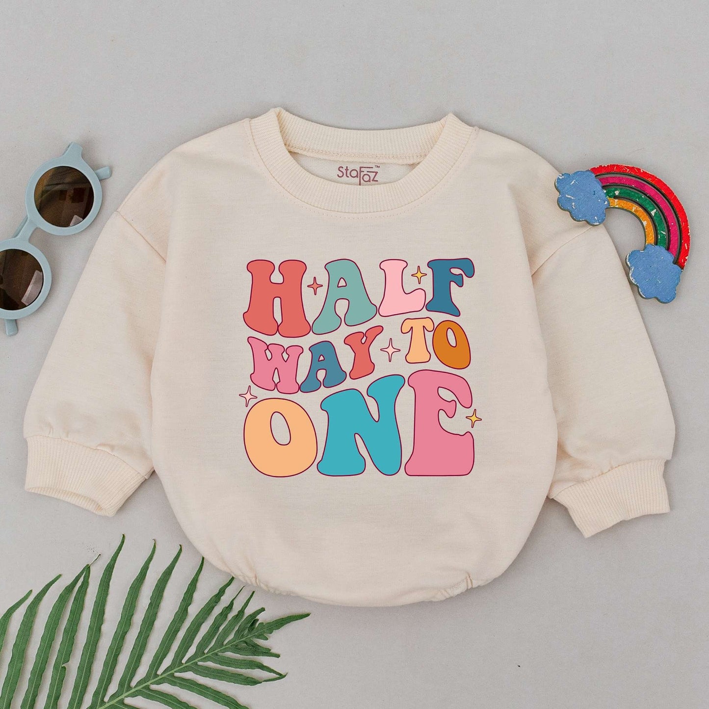 Half Way To One Romper Groovy Half Birthday Baby Girl Boy Outfit Retro Pastel Starburst Celebration Gift Soft Cotton Newborn Clothes