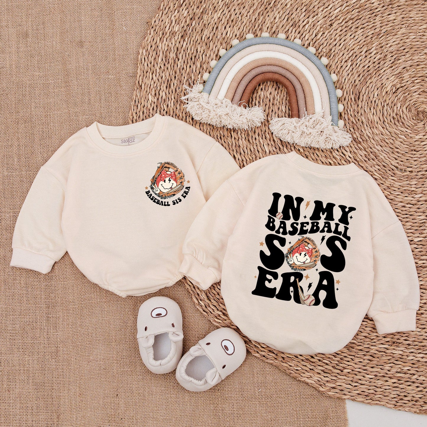 In My Baseball Sis Era Romper Playful Retro Baseball Sister Baby Outfit Vintage Glove Brown Red Star Accents Baby Girl Clothes Newborn Gift