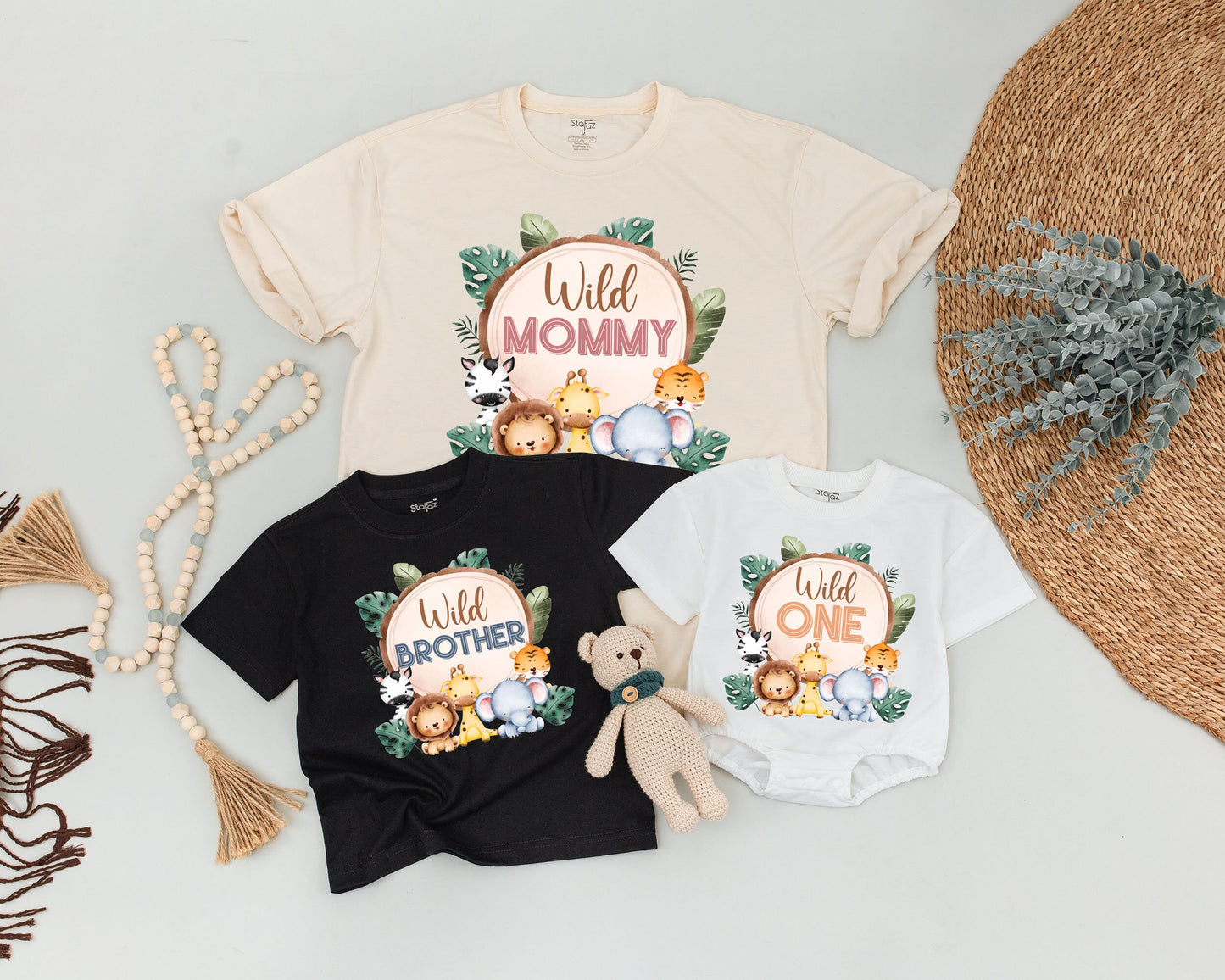 Personalized Wild One Safari Family Matching Birthday Shirts for Boys, Soft Cartoon Pastel Jungle Animal Family Outfit